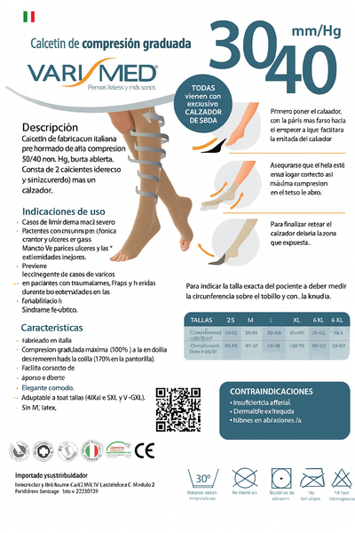 Calcetín Compresión 30 40 mmHg microfibra punta abierta con calzador